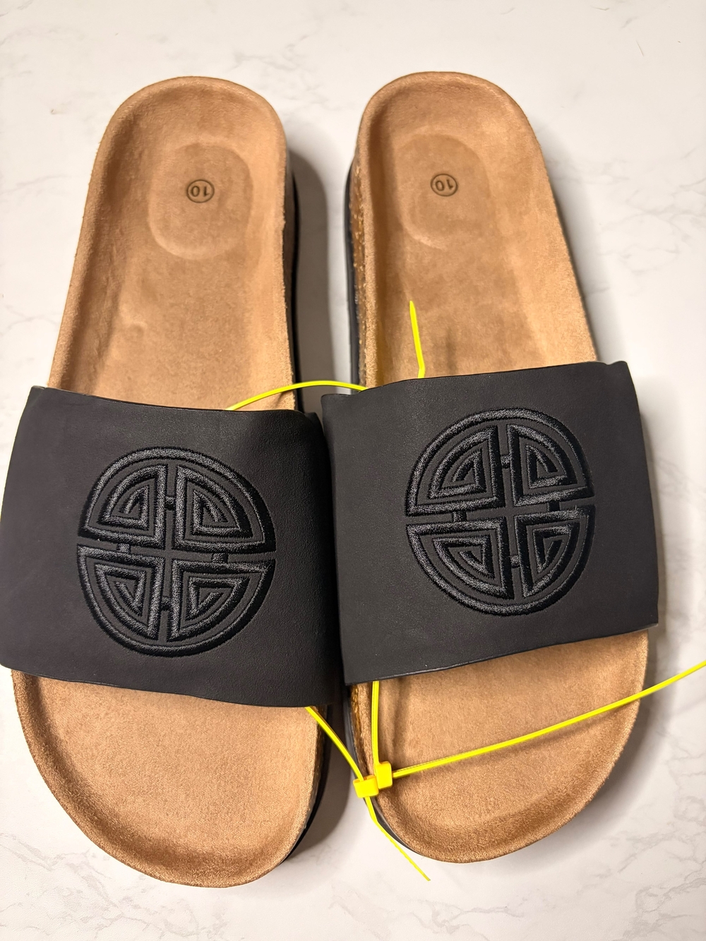 Black Embroidered Slide Sandals with Tan Footbed